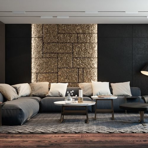 Beautiful-Black-And-Gold-Living-Room-With-Sectional-Couch-Gold-Accent-Wall-And-Large-Area-Rug