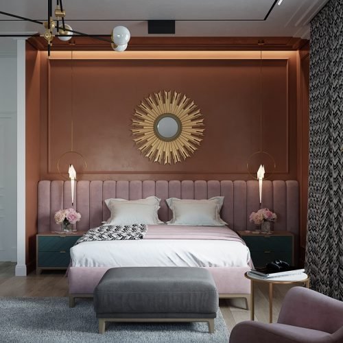 dusty-pink-bedroom-with-luxury-upholsted-headboard-and-ottoman-at-the-end-of-bed