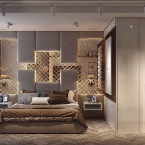 luxury-brown-master-bedroom-with-mirrored-headboard-and-walk-in-closet